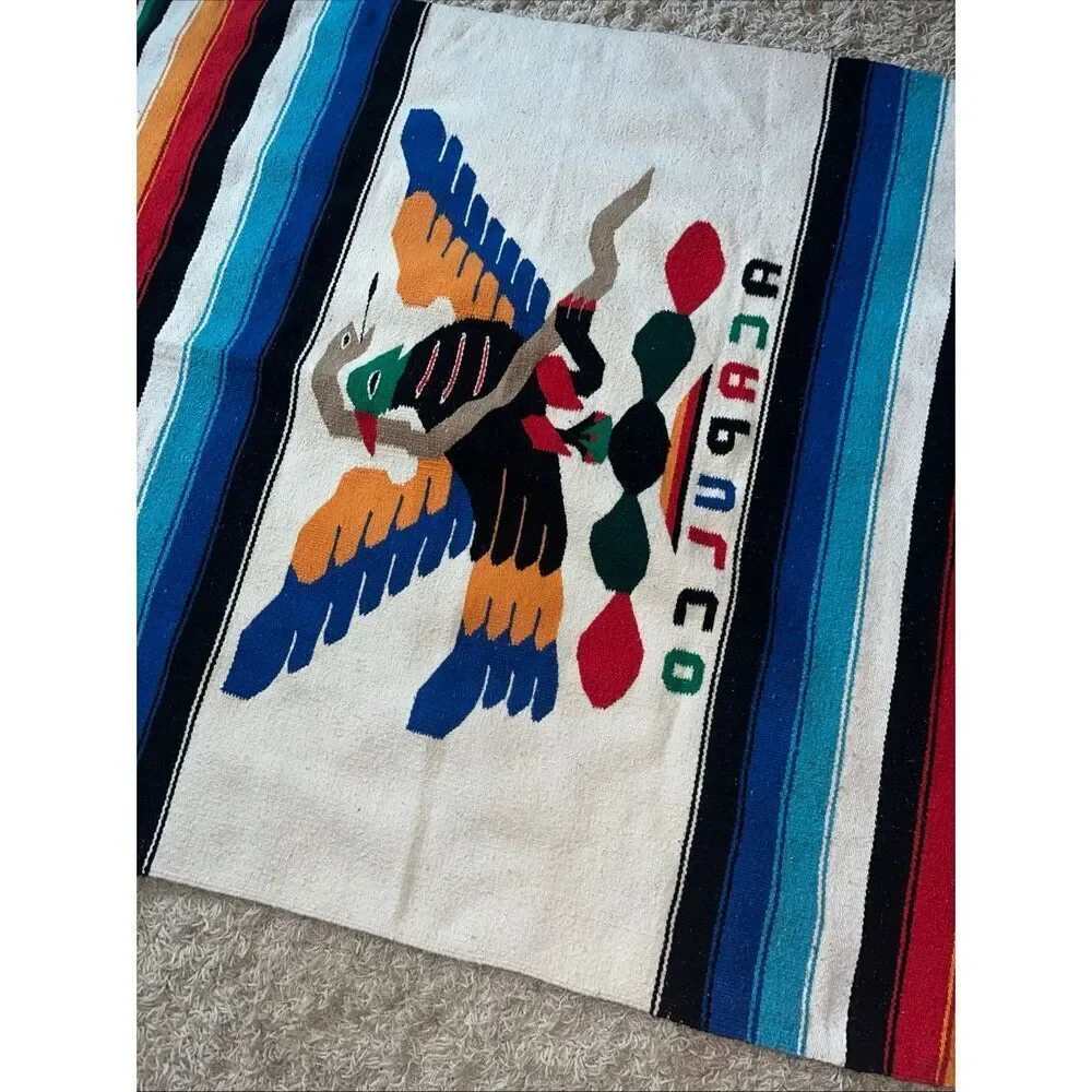 Vintage Mexican Serape Saltillo Woven Blanket Rug 80’/48’ Thunderbird with Snake